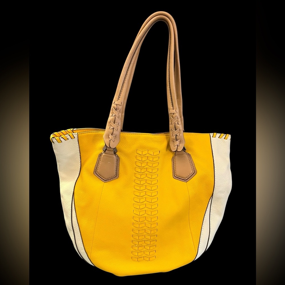 Oryany Lyssie Large Yellow Soft Pebble Leather Tote Cream Patterned Interior